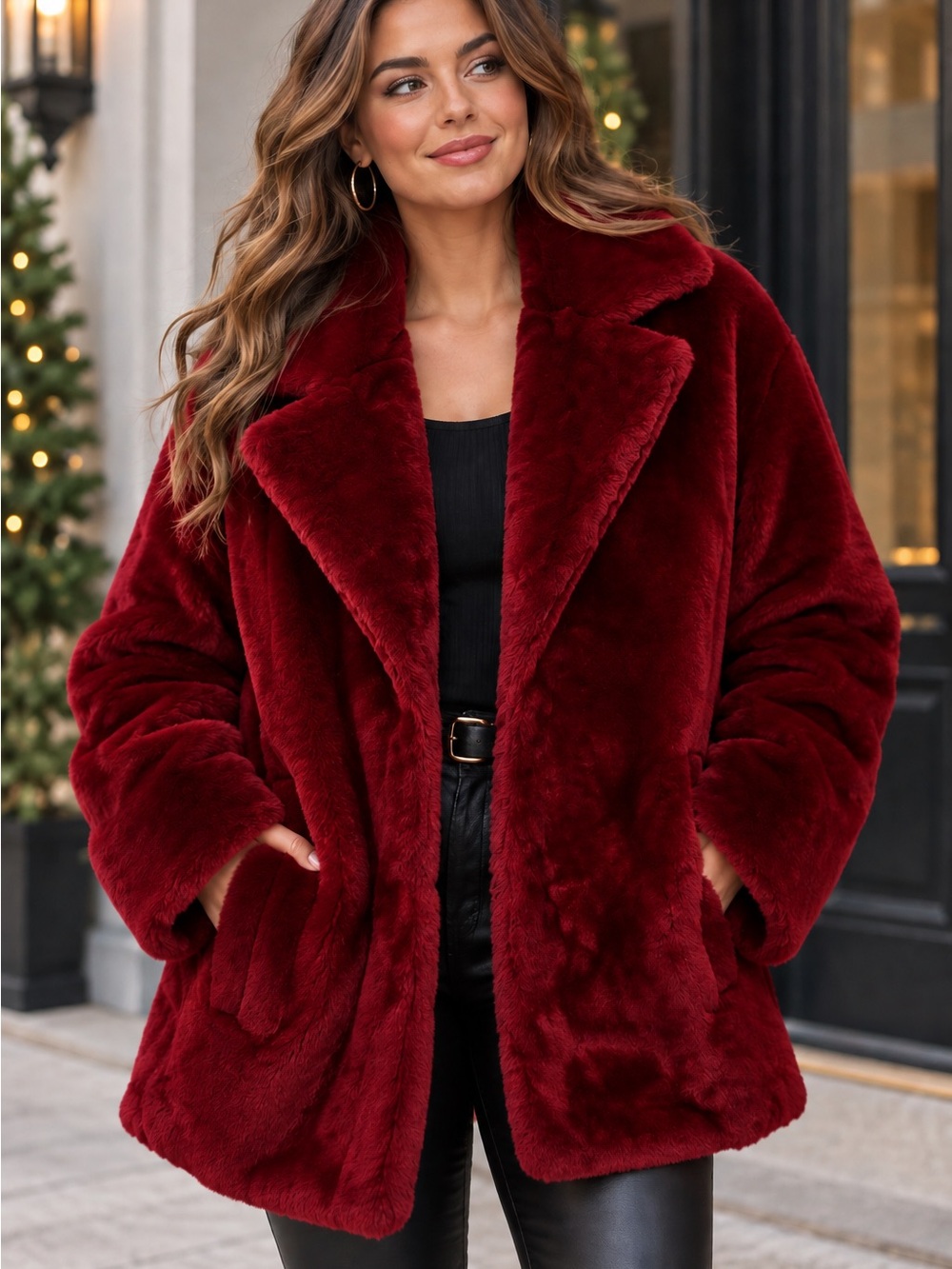 AVARA Red Faux Fur Plush Teddy Coat Oversized Statement Jacket Women’s M/L Party